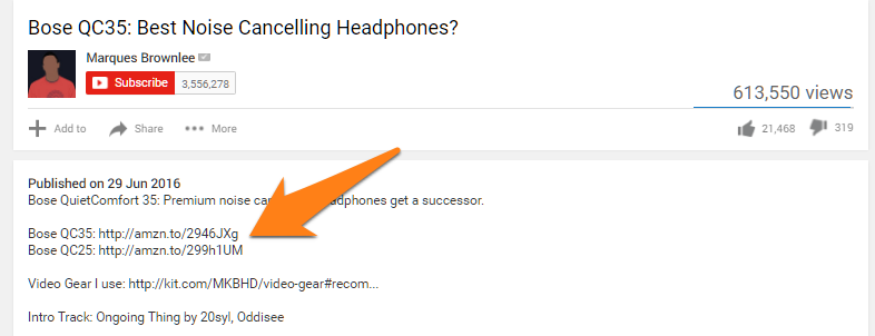 Affiliate Links listed below a YouTube video reviewing a product