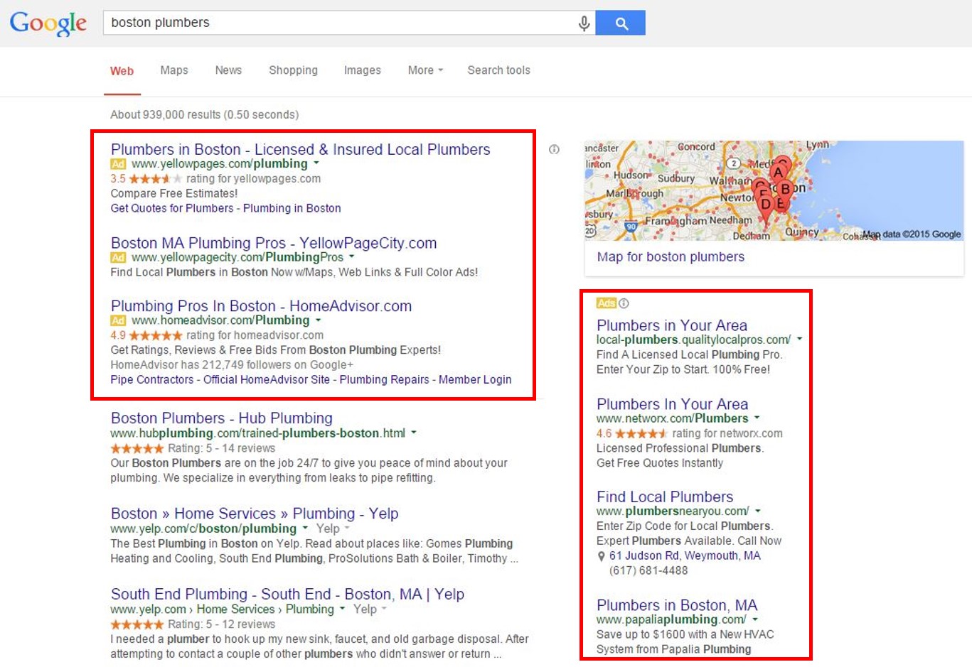 Google AdWords search engine results by Boston Plumbers