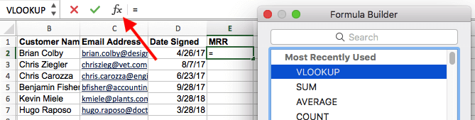 Function (Fx) icon in Excel, which accesses the VLOOKUP formula builder